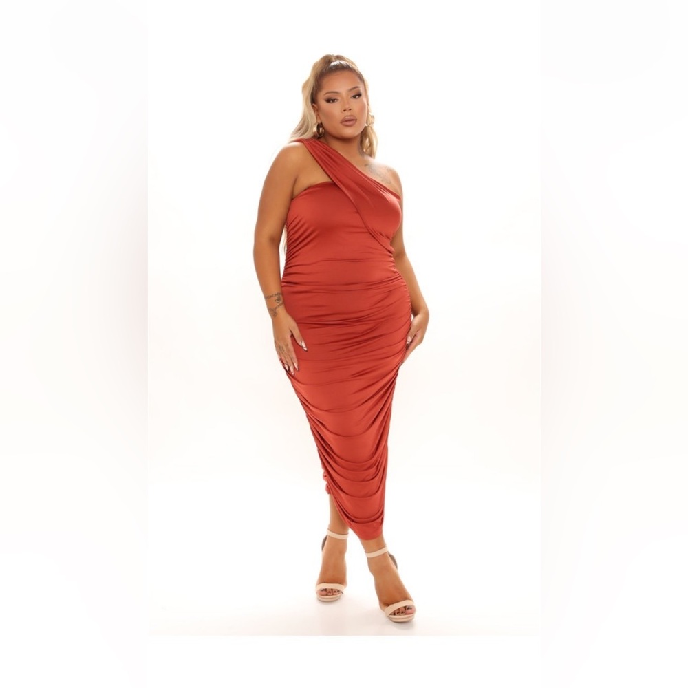 Fashion Nova One Shoulder Dress in Deep Orange